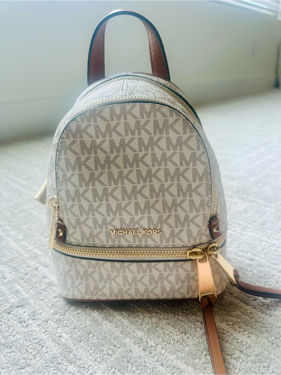 MICHAEL KORS Mini MK Logo Backpack, Off White & Brown Leather OS